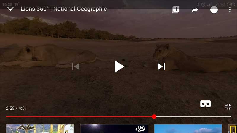 Окно просмотра сферического видео через приложение youtube на телефоне